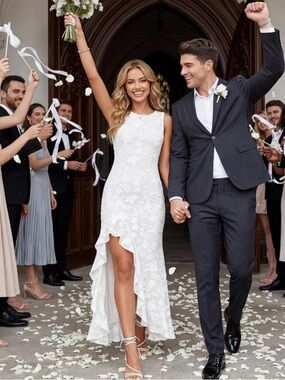 White Floral High-Low Wedding Dress